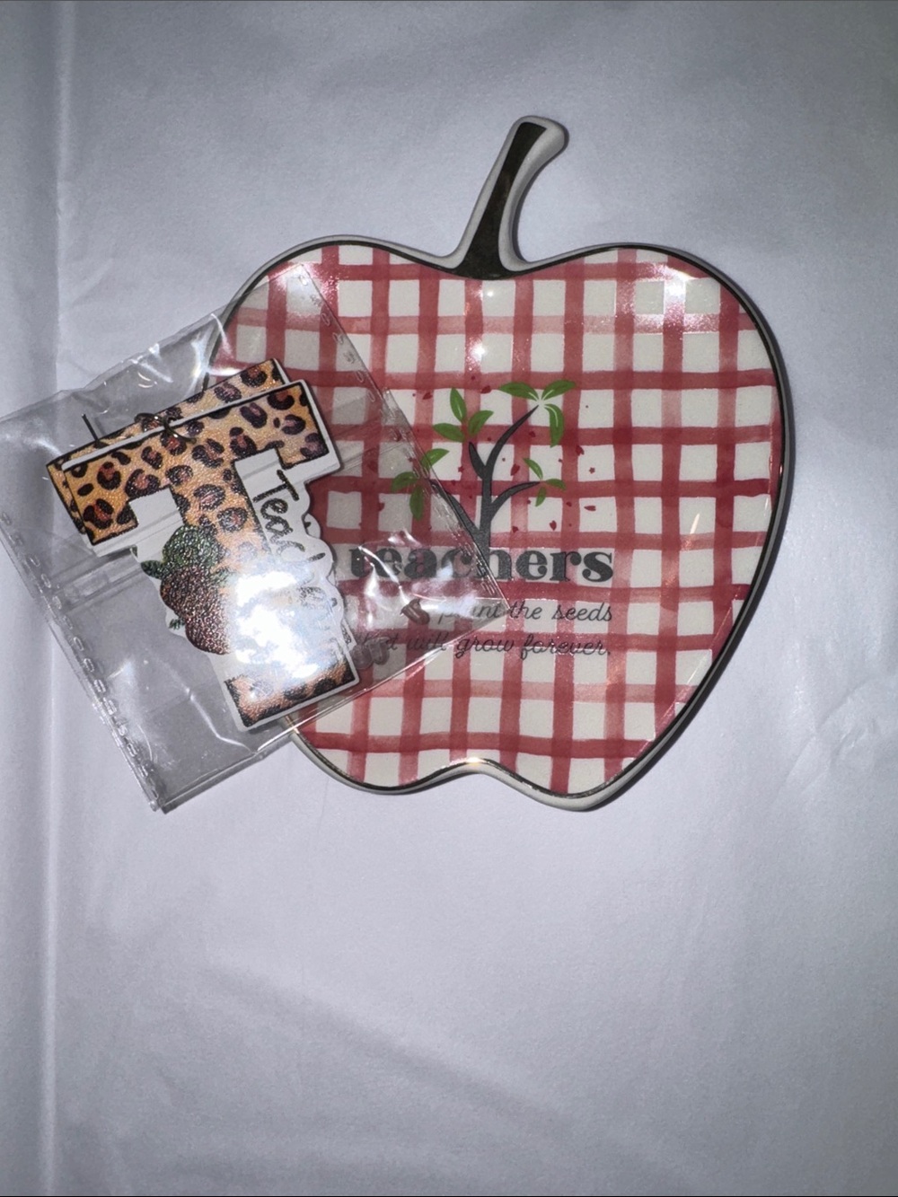 Leopard Print Teacher Earrings with Apple & Floral Jewelry dish